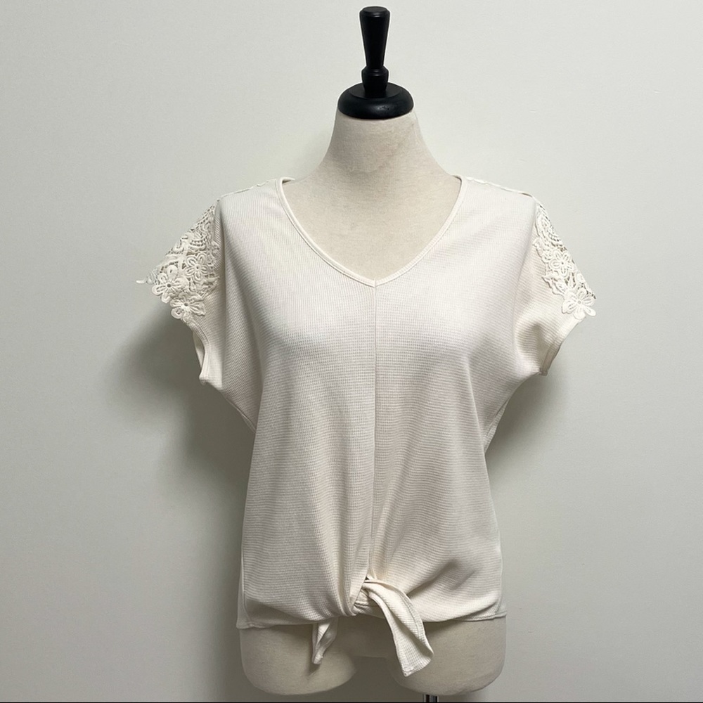 Harper Heritage Ivory Waffle Knit Lace Cap Sleeve Front Tie Medium Oversized